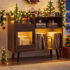 Record player stand in brown with LED light, sliding door, and ample storage for turntables and albums, perfect for.