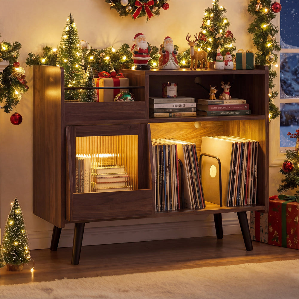 Record player stand in brown with LED light, sliding door, and ample storage for turntables and albums, perfect for.