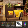 Record player stand in brown with LED lighting, sliding door, and ample storage for turntables and devices.