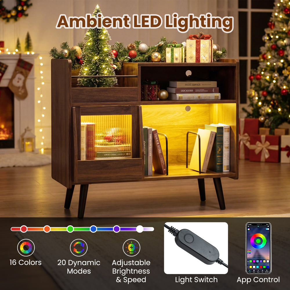 Record player stand in brown with LED lighting, sliding door, and ample storage for turntables and devices.