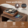 Record player stand in brown with power outlets, cable management, and LED light features for organized storage.