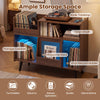 Record player stand with LED light, open shelf, and sliding door for ample storage of turntables and albums.