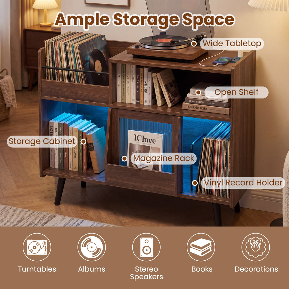 Record player stand with LED light, open shelf, and sliding door for ample storage of turntables and albums.