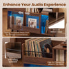 Record player stand with sliding tempered glass door, brown finish, and LED light for stylish storage and organization.