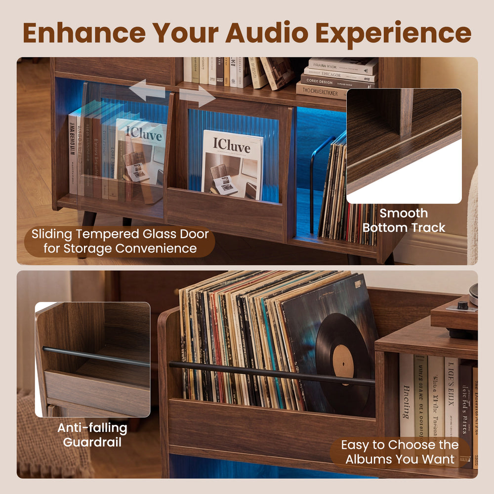 Record player stand with sliding tempered glass door, brown finish, and LED light for stylish storage and organization.