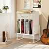 Record player stand in white showcasing a pull-out drawer and vinyl holder, perfect for stylish organization in any.