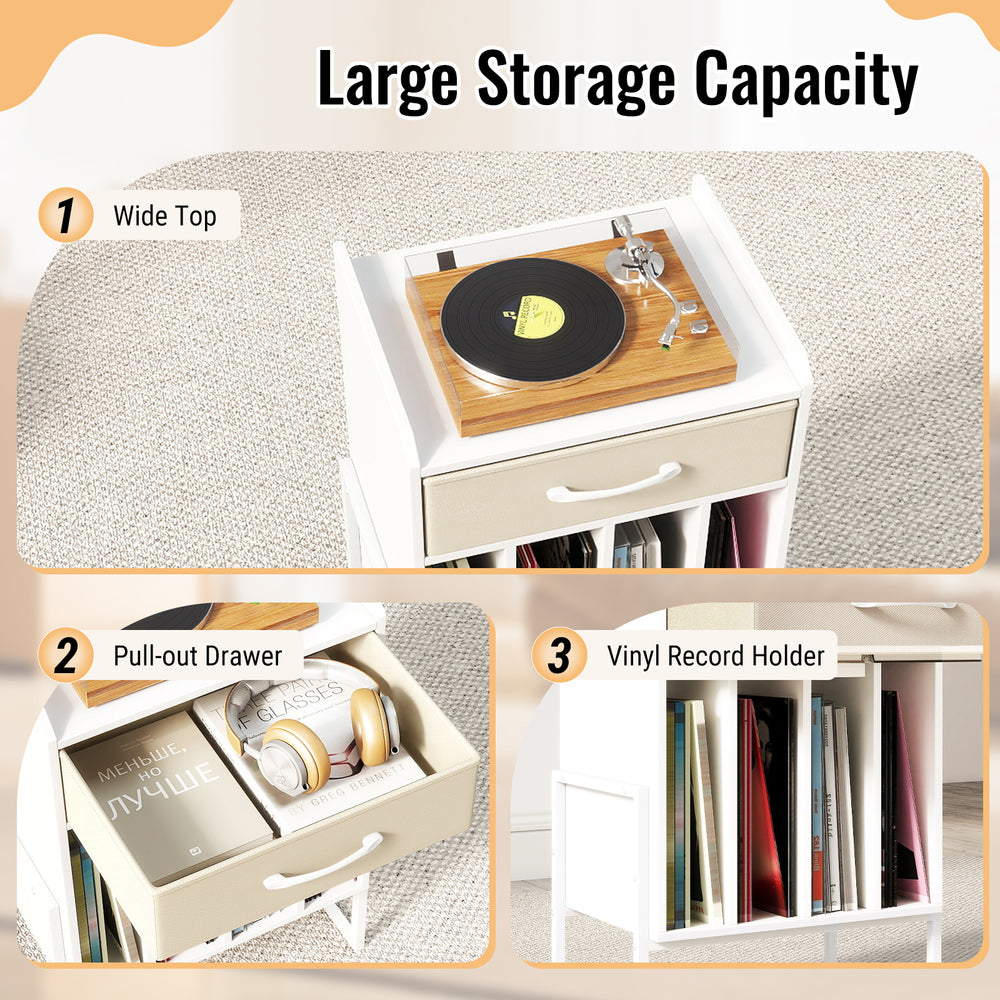 Record player stand in white with wide top, pull-out drawer, and vinyl record holder for organized storage.