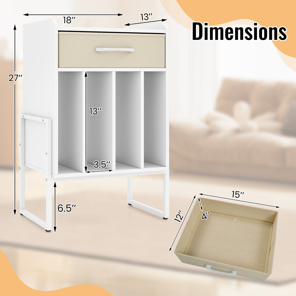 Record player stand with drawer and record holder, featuring a white metal frame and dimensions for versatile use.