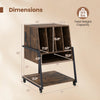 Rolling turntable stand with dimensions, rustic brown finish, 3-tier storage, and built-in power outlets for music.