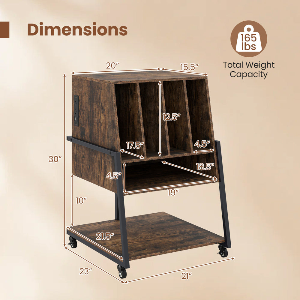 Rolling turntable stand with dimensions, rustic brown finish, 3-tier storage, and built-in power outlets for music.