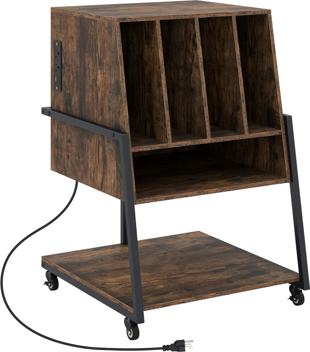 Rolling turntable stand in rustic brown with 4 record compartments, power outlets, and wheels for easy mobility.