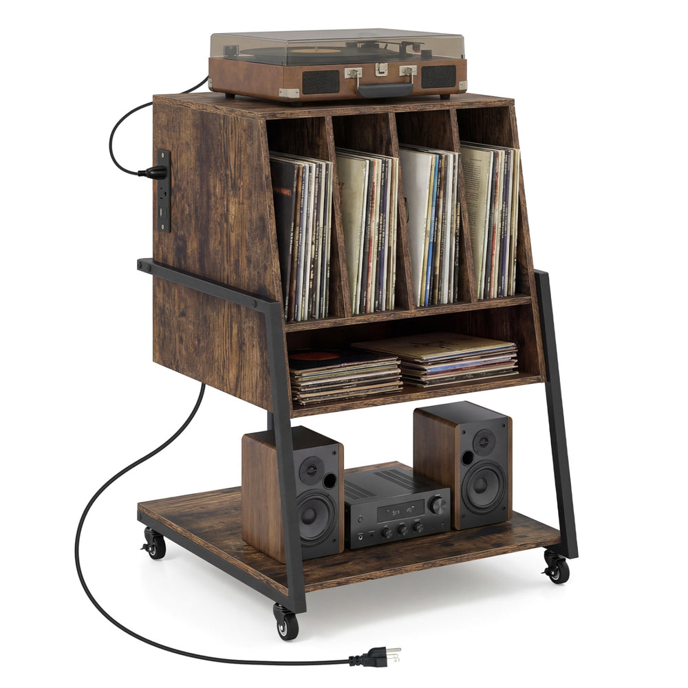 Rolling turntable stand in rustic brown with 4 record compartments, built-in power outlets, and wheels for easy.