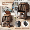 Rolling record player stand in rustic brown with 3-tier storage, power outlets, and adjustable foot pads for versatile.