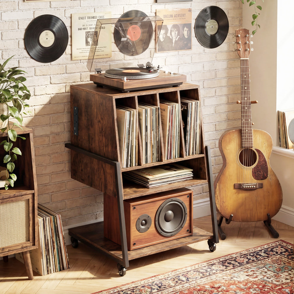Rolling turntable stand in rustic brown with 4 record compartments and built-in power outlets for versatile music.