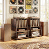 Rolling turntable stand in rustic brown with 3-tier storage, power outlets, and wheels for easy mobility and.