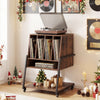 Record player stand on wheels in rustic brown with an open compartment and sturdy design, perfect for music.