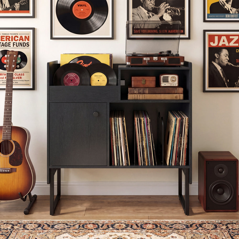 Black record player stand with vinyl storage for 250 albums, featuring a wide tabletop and a convenient storage cabinet.