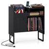 Side view of the black record player stand, showcasing the open shelf and storage cabinet for vinyl records up to 250.