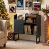 Record player stand in black with vinyl storage for 250 albums, featuring power outlets and a stylish design for home.