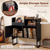 Record player stand in black with vinyl storage for up to 250 albums, featuring open shelf and power outlets.