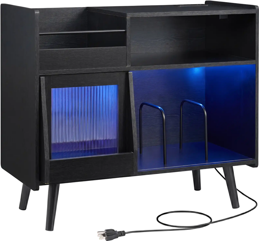 Record player stand in black with LED light, power outlets, and open storage compartments for stylish organization.