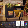 Record player stand in black with ambient LED lighting, adjustable brightness, and power outlets for versatile use.