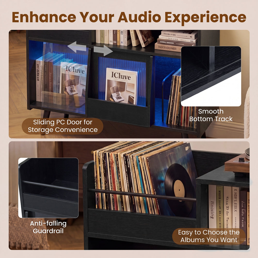 Record player stand in black featuring LED light, sliding door, and anti-falling guardrail for easy album access.