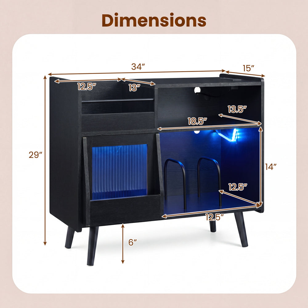 Record player stand in black with LED light, showcasing dimensions and power outlets for stylish audio storage.
