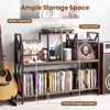 Record player stand in rustic brown with vinyl storage holders, wide tabletop, and open shelf for organized audio.