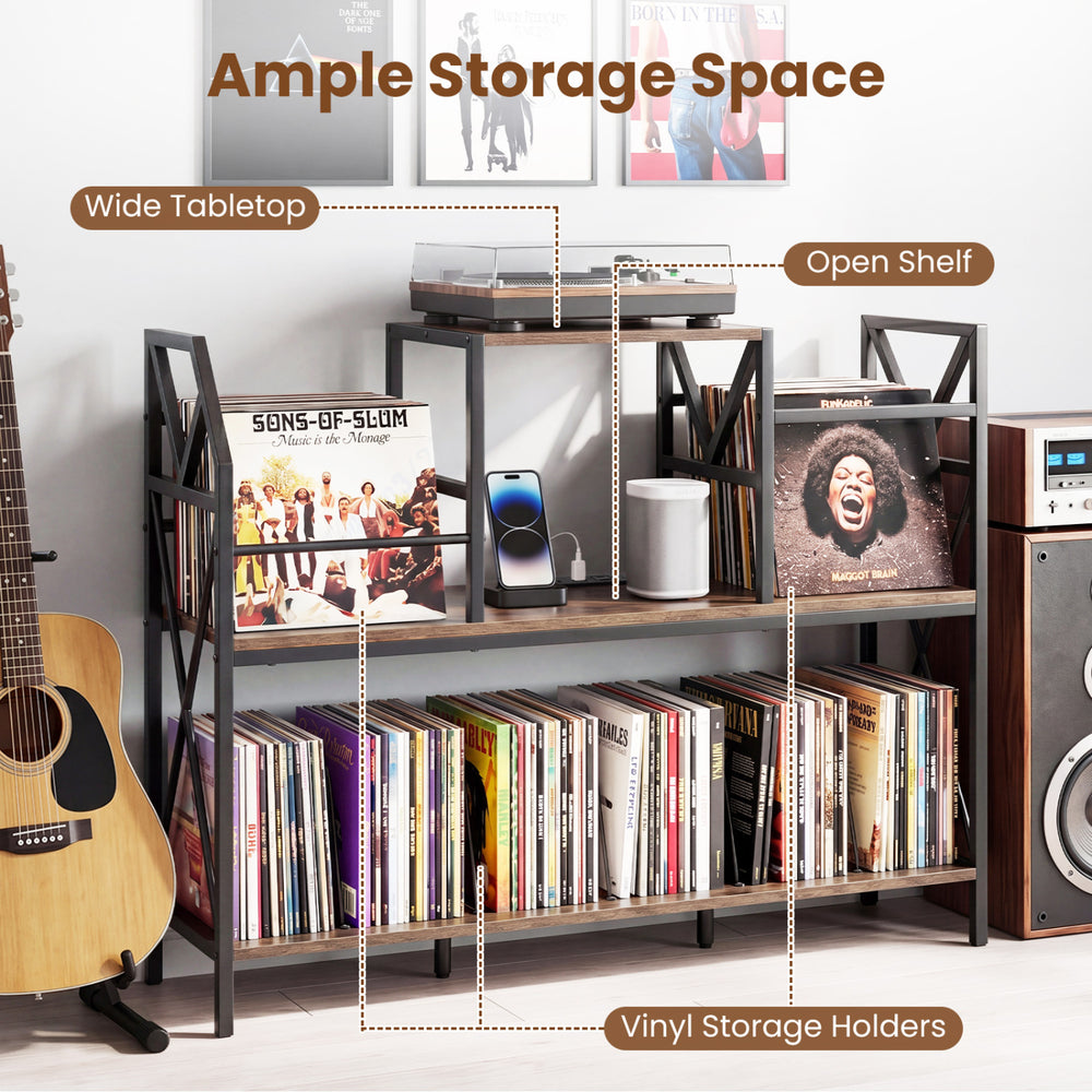 Record player stand in rustic brown with vinyl storage holders, wide tabletop, and open shelf for organized audio.