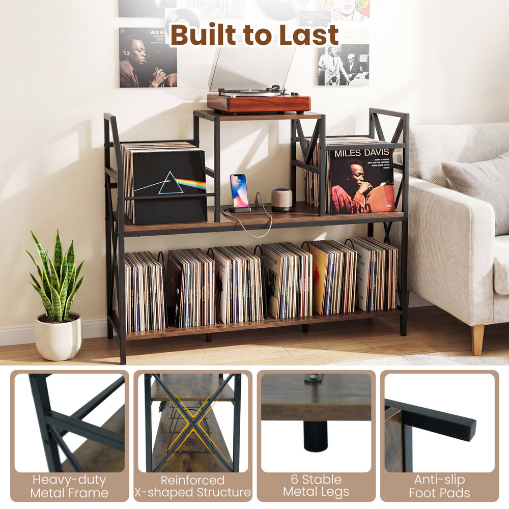 Record player stand in rustic brown with vinyl storage, heavy-duty metal frame, and power outlets for music rooms.