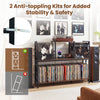 Record player stand in rustic brown with vinyl storage, power outlets, and anti-toppling kits for stability and safety.