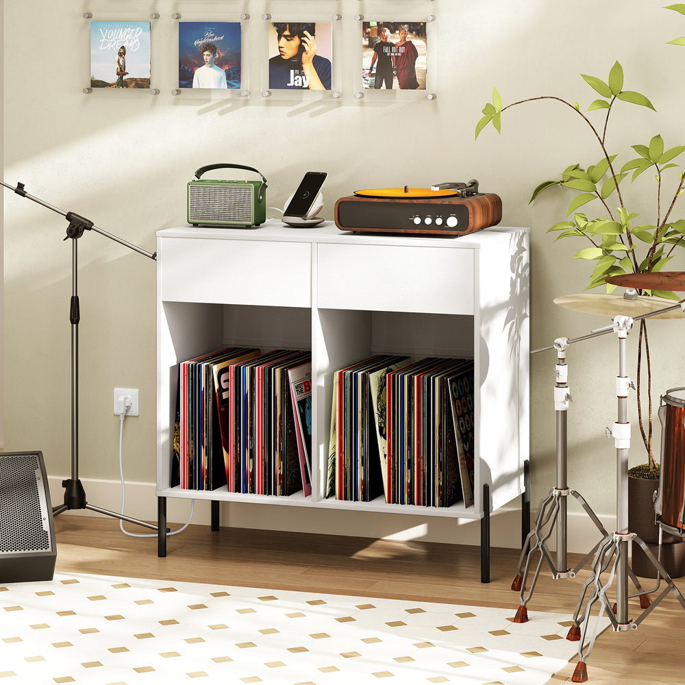 Record Player Stand with Power Outlets Double Wide Turntable Stand Vinyl Record Storage Table-White - Gallery View 1 of 10