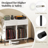 Record player stand in white with two drawers, vinyl record storage, and stable metal legs for enhanced safety.