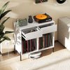 Record player stand in white with two drawers and open compartments for vinyl record storage and cable management.