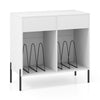 Double wide white record player stand with two drawers and compartments for 80 vinyl records, featuring cable.