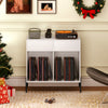 Double wide white record player stand with open compartments for 80 vinyl records and recessed power outlets for.