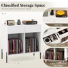 Double wide turntable stand in white with 2 open compartments, 2 drawers, and power outlets for vinyl record storage.