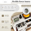 Double wide record player stand in white with power outlets, ideal for vinyl storage and cable management.