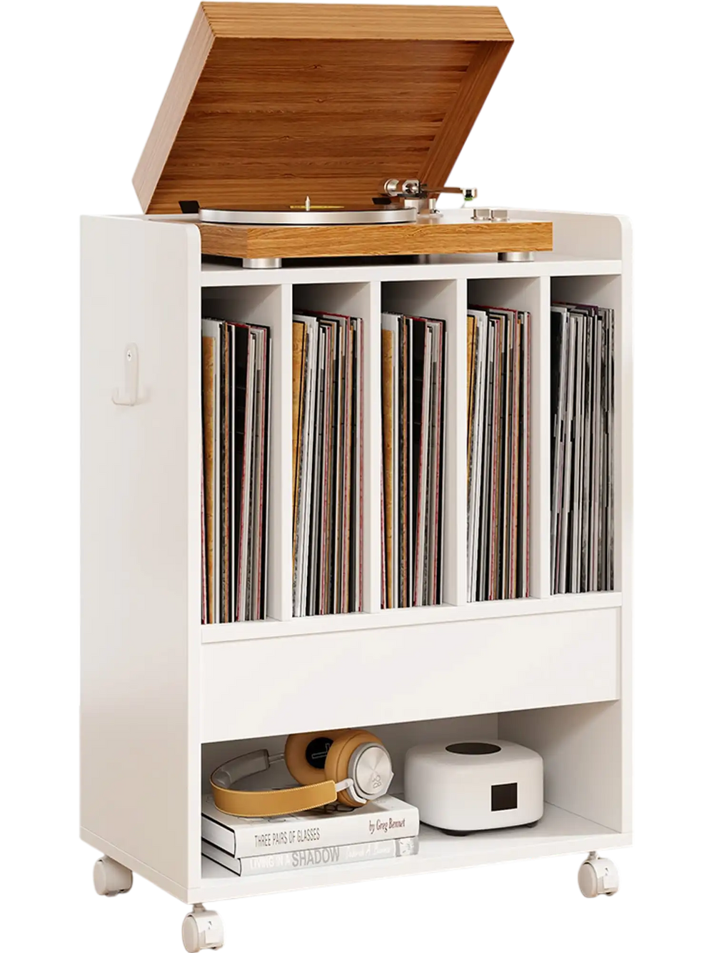 Rolling turntable player stand in white with vinyl record storage, drawer, and smooth-rolling wheels for easy mobility.