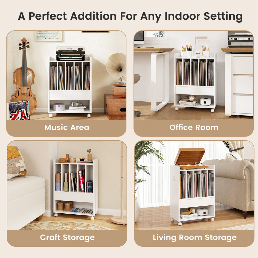 Record rolling turntable player stand in white with vinyl storage, drawer, and smooth-rolling wheels for versatile use.