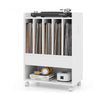 Record rolling turntable player stand in white with vinyl storage, drawer, and smooth-rolling wheels for easy mobility.