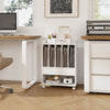 Vinyl record holder with dividers and drawer, white finish, on wheels for easy mobility and organization in a home.