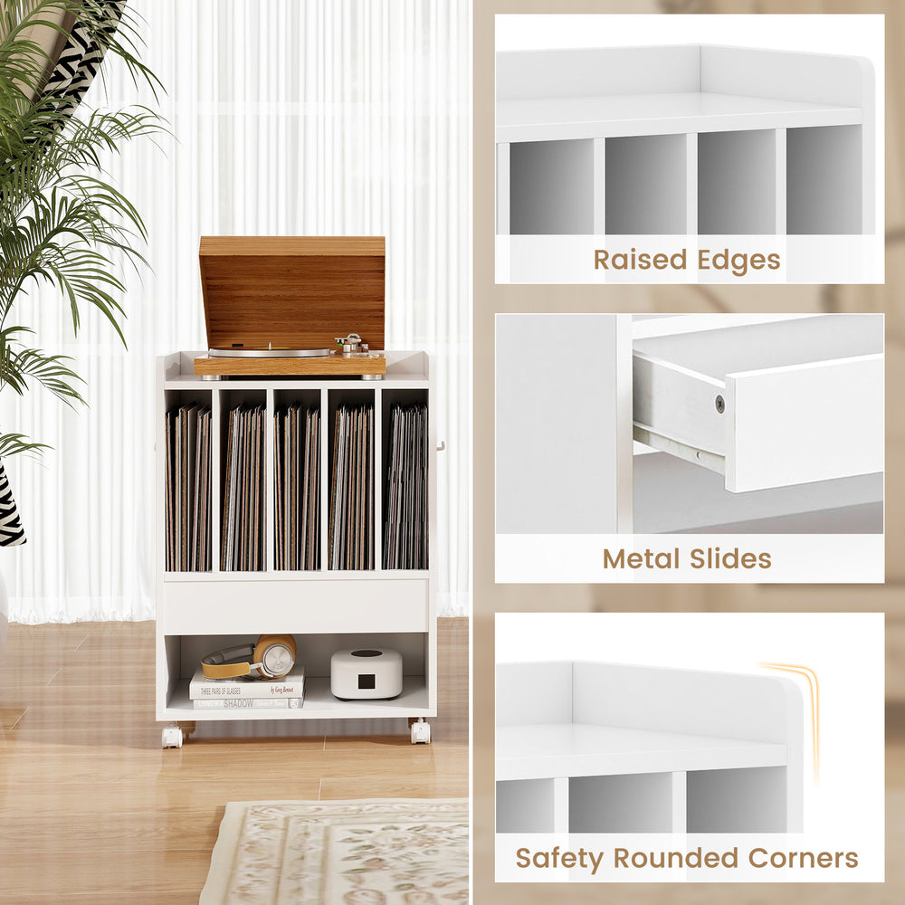 Vinyl record holder with dividers, smooth metal slides, and safety rounded corners for organized storage on wheels.