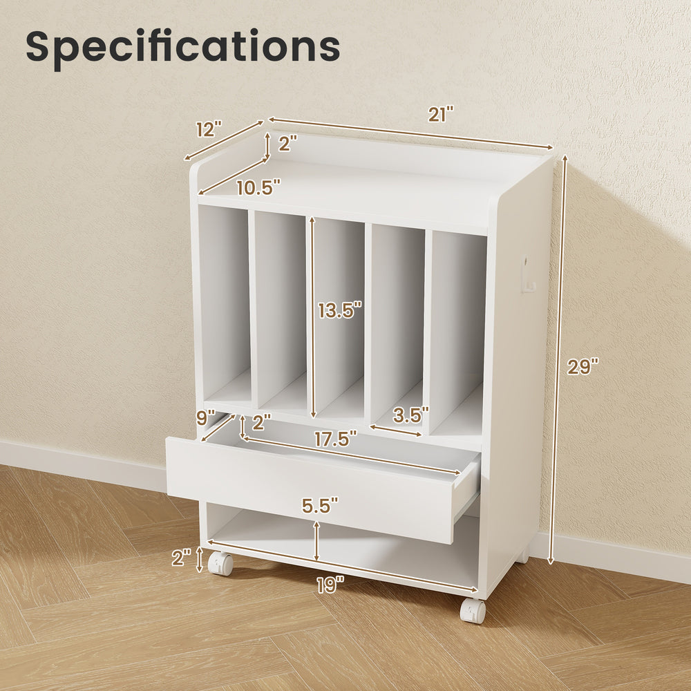 Vinyl record holder specifications showing dimensions of the Record Rolling Turntable Player Stand with Drawer in white.