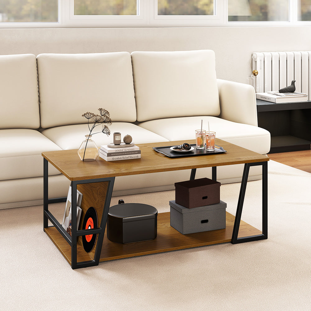 Rectangle Coffee Table 2-tier Industrial Accent Table with Storage Shelf and Compartment-Natural - Gallery View 1 of 10