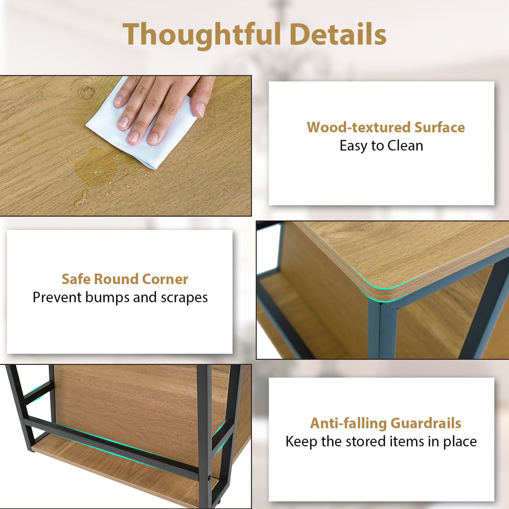 Rectangle coffee table with wood-textured surface, safe round corners, and anti-falling guardrails for versatile use.