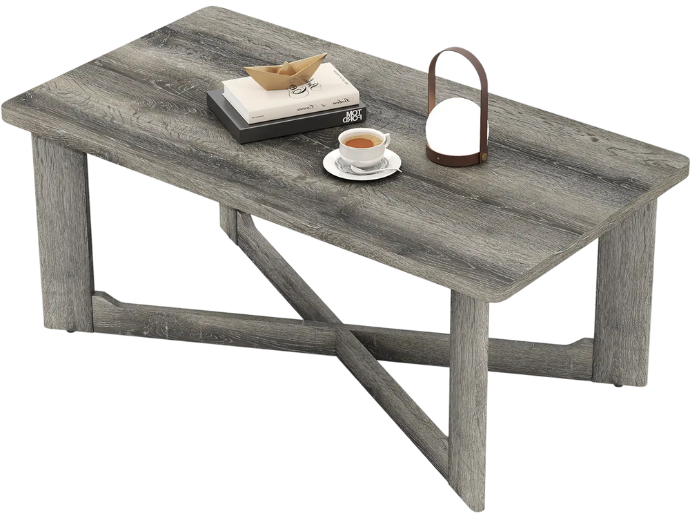 Rectangle coffee table with gray rubber wood base and X-shaped design, perfect for stylish living room storage.