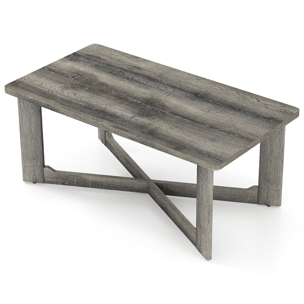 Rectangle coffee table with gray rubber wood base and X-shaped design, ideal for convenient storage and stability.