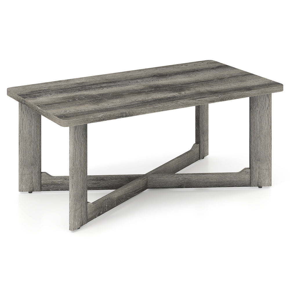 Rectangle coffee table with gray rubber wood base and X-shaped design, ideal for living room essentials.